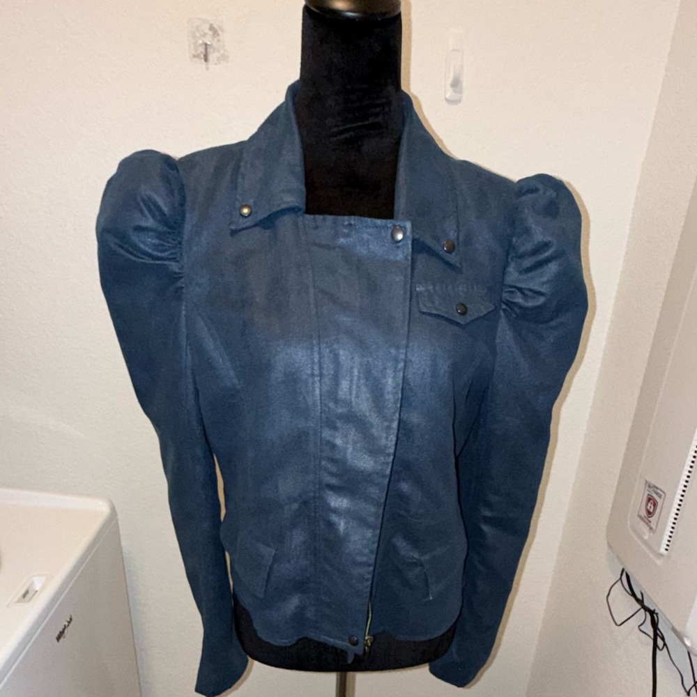 Garcia Blue Faux Leather Puff-Sleeve Jacket - size L